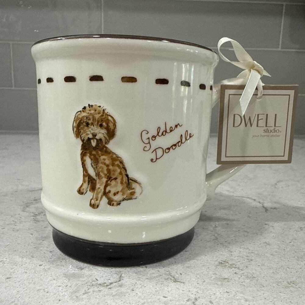 DWELL Studio GOLDEN DOODLE 16oz Ceramic Mug Brown Cream Dog Mom Gift NEW